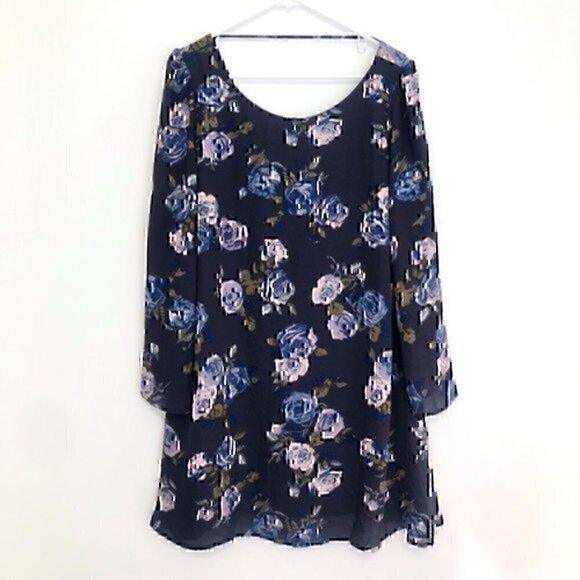 BELLE BADGLEY MISCHKA Navy Blue Green Rose Floral Long Flare Sleeve Shift Dress - Picture 1 of 12